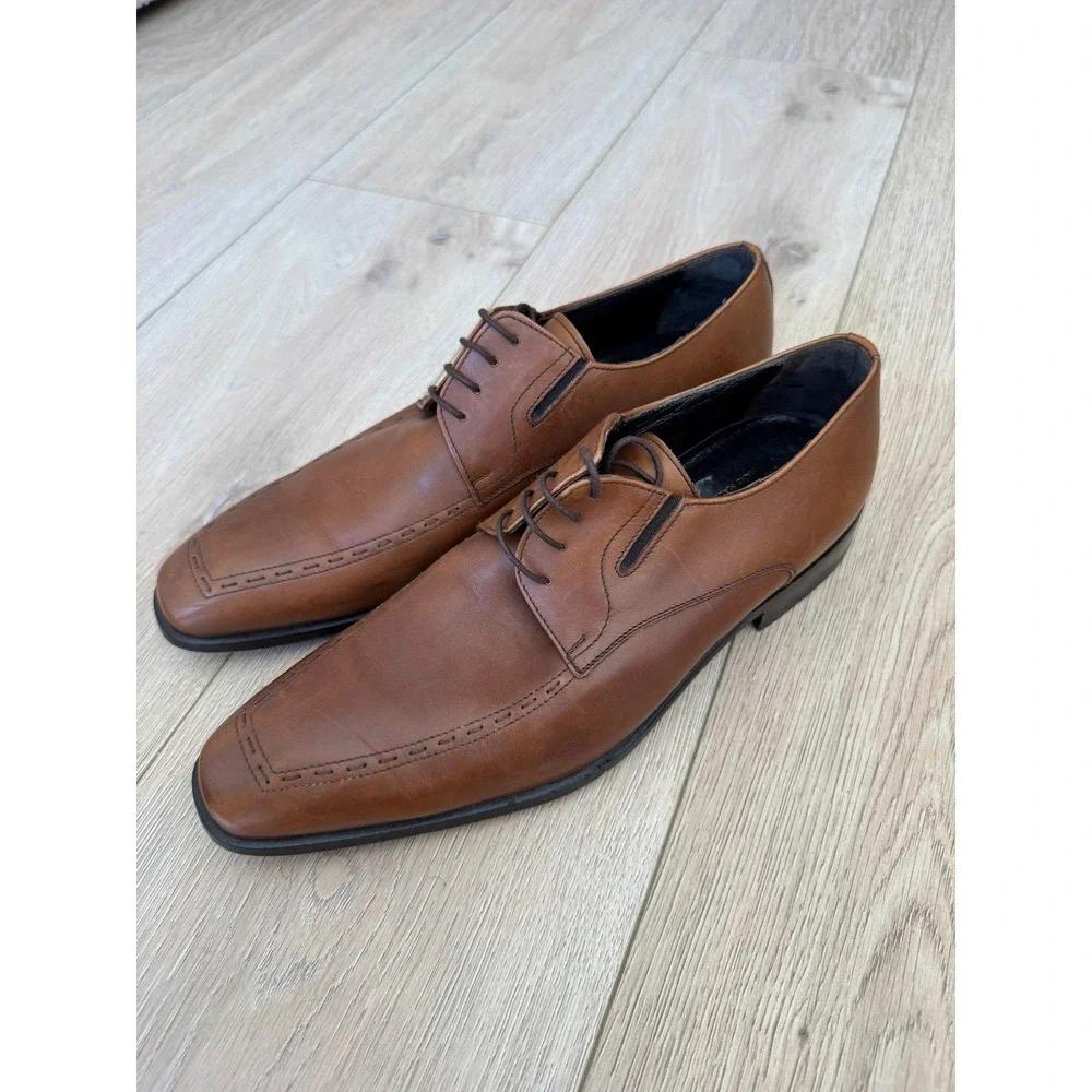 Bruno Magli Men's 7.5 M Brown Leather Derby Dress Shoes Apron Toe Made in Italy